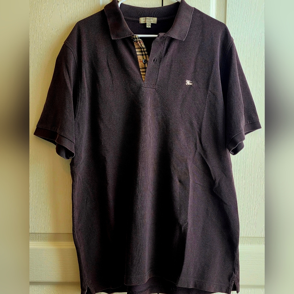 Burberry London Men's XL Dark Brown Polo with Signature Check Placket